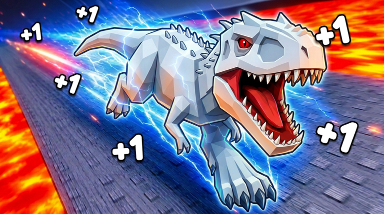 Official +1 Dino Evolution Roblox thumbnail of a glowing T. rex on a prehistoric island